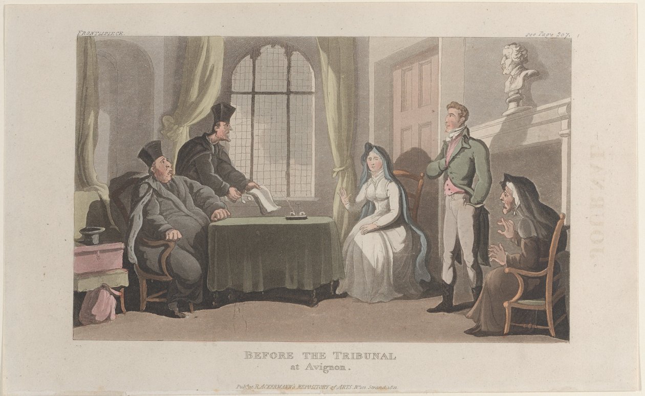 Frontispiece: Avignonin tuomioistuimen edessä, Journal of Sentimental Travels in the ..., 1821. tekijältä Thomas Rowlandson