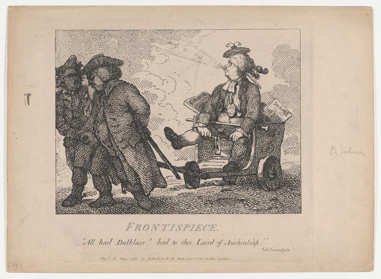 Frontispiece Picturesque Beauties of Boswell, osa ensimmäinen, 15. toukokuuta 1786., 15. toukokuuta 1786. tekijältä Thomas Rowlandson