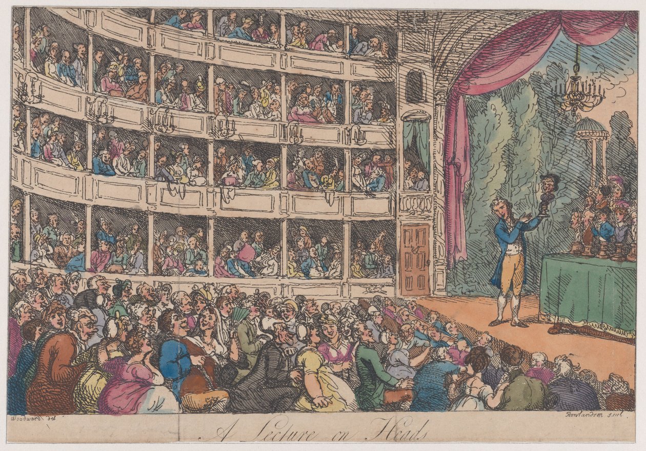 Frontispiece, teoksesta A Lecture on Heads by George Alexander Stevens, huhtikuu 1808, huhtikuu 1808. tekijältä Thomas Rowlandson