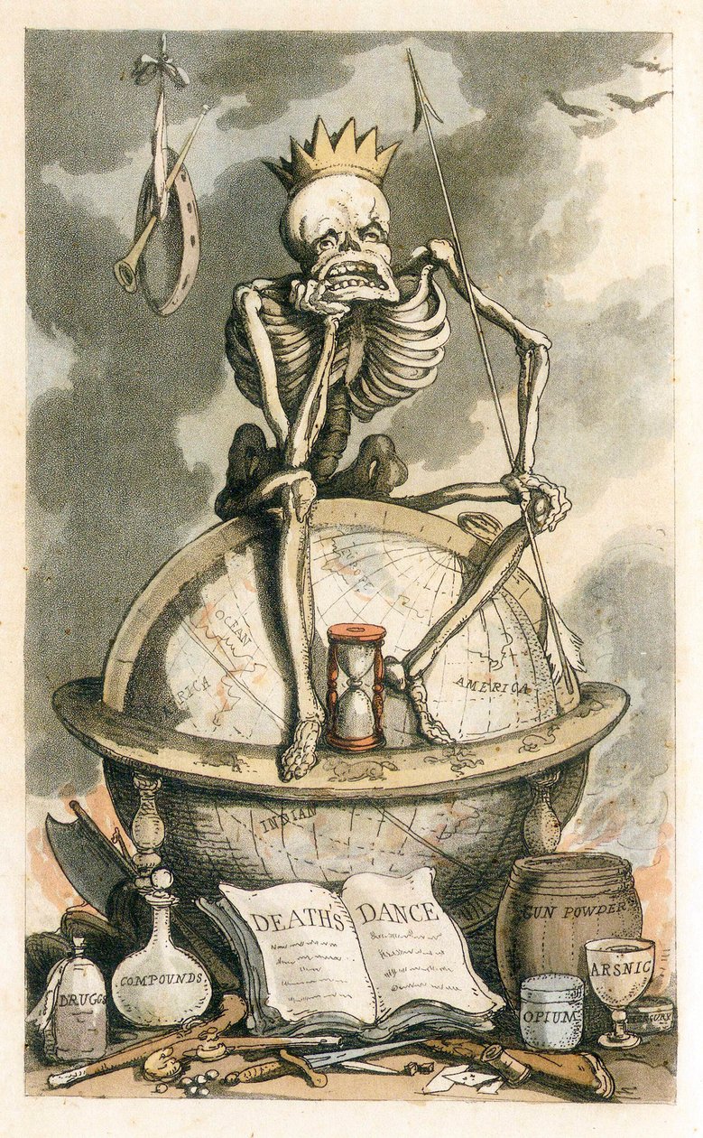 Frontispiece elokuvasta The English Dance of Death, pub. 1815 värillinen kaiverrus, 1815. tekijältä Thomas Rowlandson
