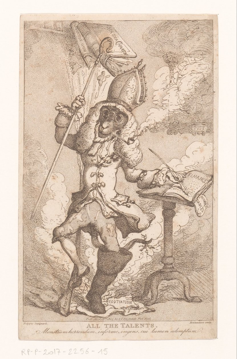 Frontispiece voor "All the Talents" van "Polypus" (E.S. Barrett), 1807 Kaikki kyvyt (nimi esineessä) tekijältä Thomas Rowlandson