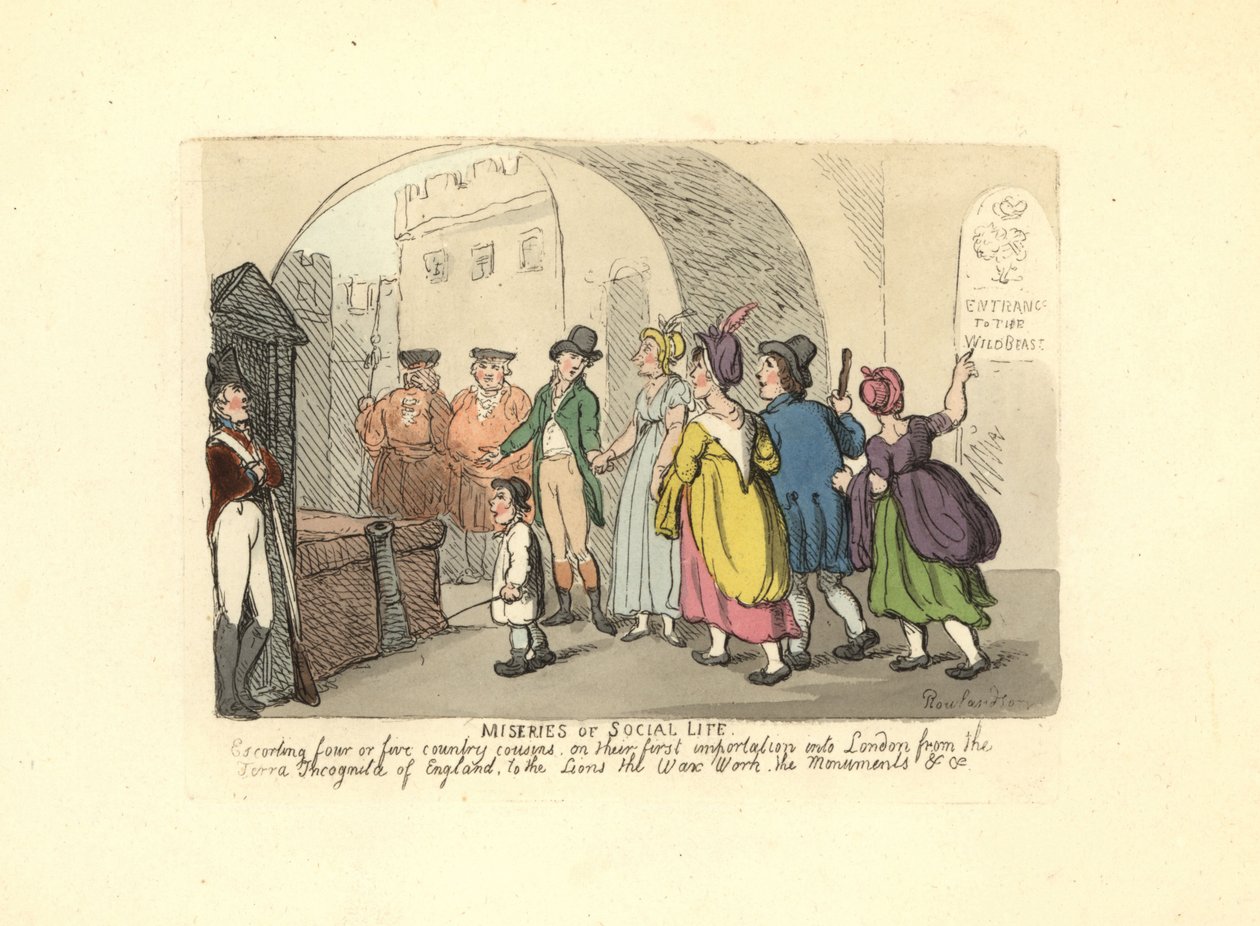 Herrasmies saattamassa maalaisserkkuja heidän ensimmäiselle matkalle Lontooseen tekijältä Thomas Rowlandson