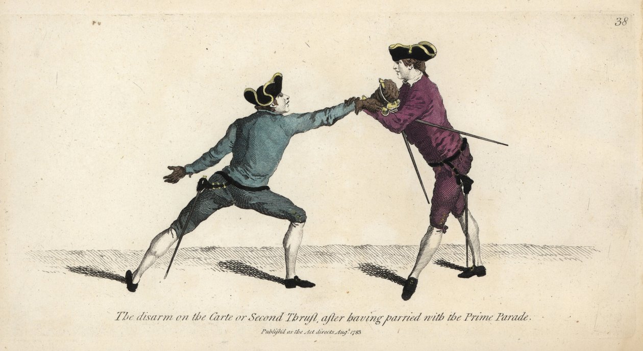 Gentleman-miekkailija riisuu vastustajansa aseista Carte- tai Second Thrustilla torjuttuaan Prime Paraden. Käsinvärinen kuparikaiverrus Thomas Rowlandsonin kuvituksesta Mr. Domenico Angelon The School of Fencing, Lontoossa tekijältä Thomas Rowlandson