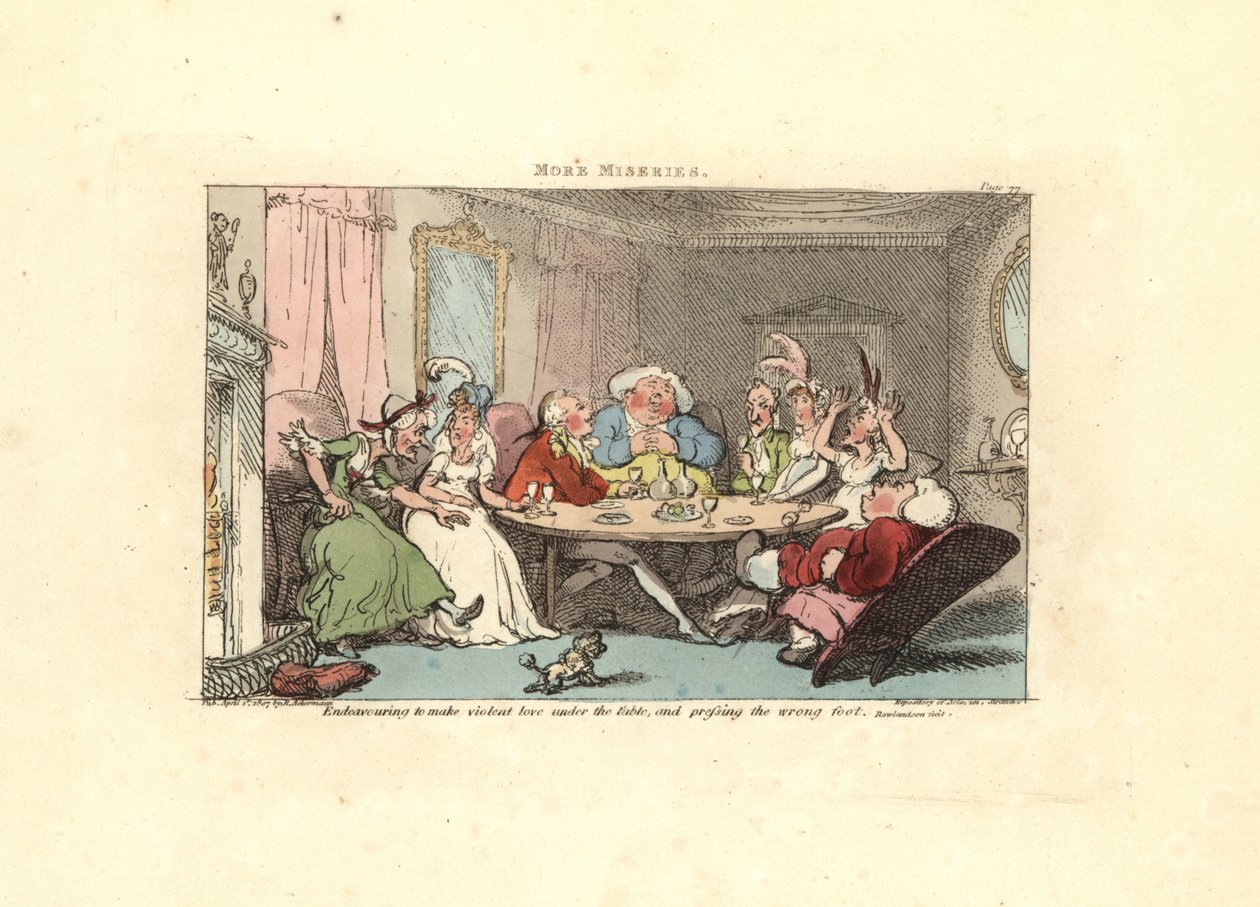Gentleman yrittää pelata jalkapalloa kaunokaisen kanssa pöydässä. tekijältä Thomas Rowlandson