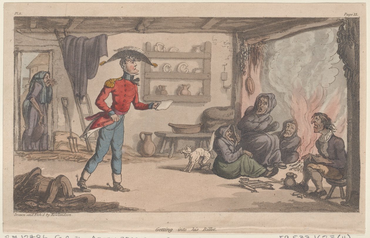 Pääsy hänen aihiokseen, julkaisusta The Military Adventures of Johnny Newcome, 1815, 1815. tekijältä Thomas Rowlandson