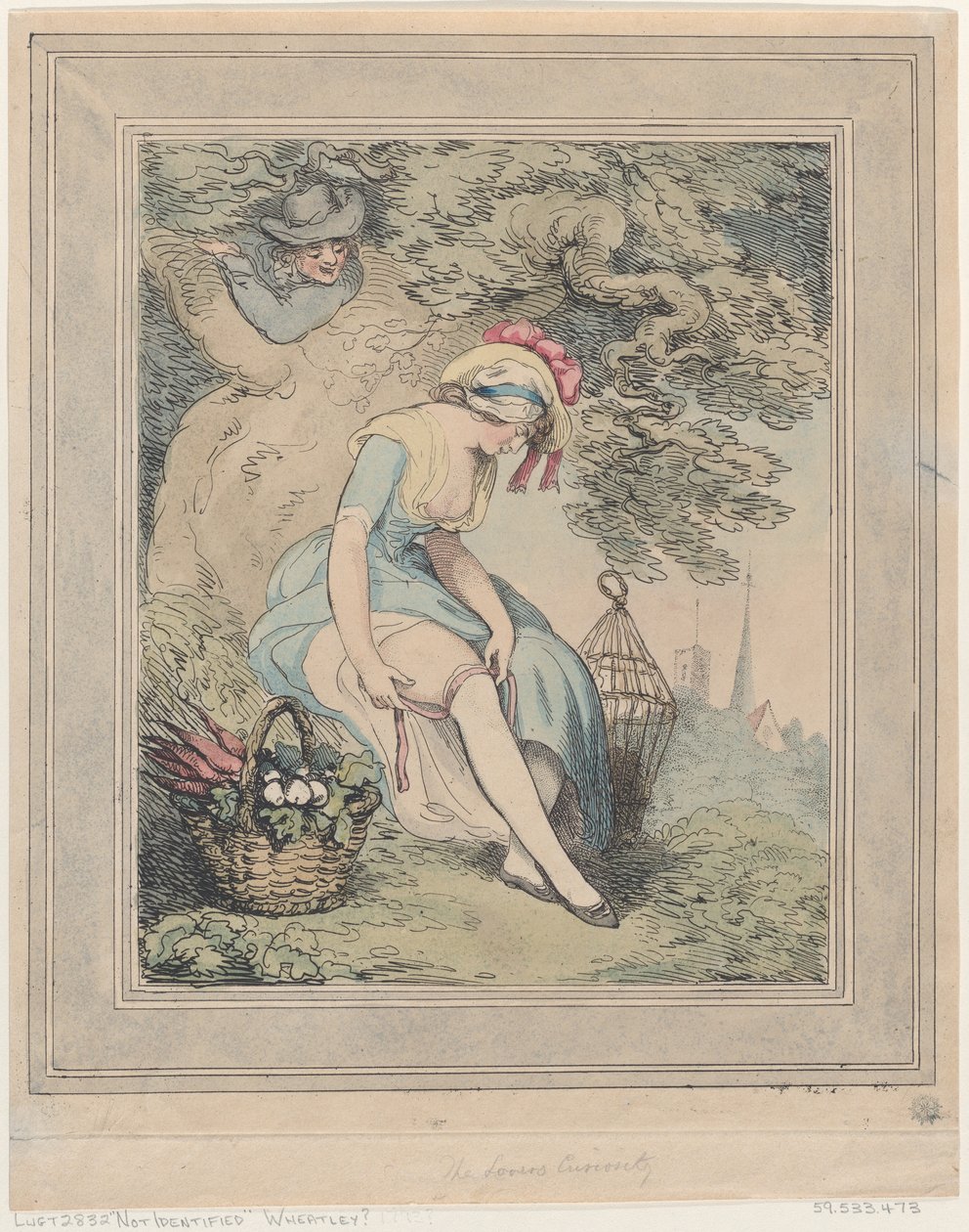 Tyttö korilla ja lintuhäkillä säätelemässä sukkanauhaansa, 1785-95, 1785-95. tekijältä Thomas Rowlandson