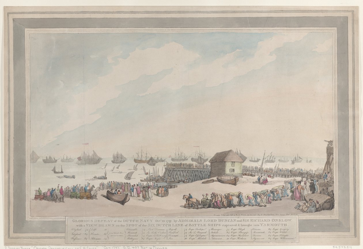 ”Hollannin laivaston loistava tappio, 10. lokakuuta 1797”, amiraalit Lord Duncan ja Sir Richard Onslow, sekä paikan päällä piirretty kuva kuudesta hollantilaisesta linjalaivasta, jotka vallattiin ja tuotiin Yarmouthiin tekijältä Thomas Rowlandson