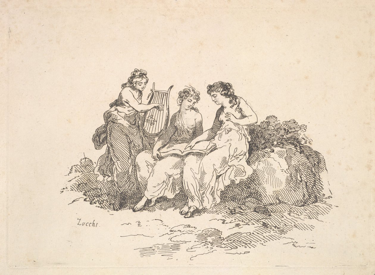 Harmony - Kaksi nymfiä laulamassa, toinen soittaa lyyraa, 1784-88. tekijältä Thomas Rowlandson