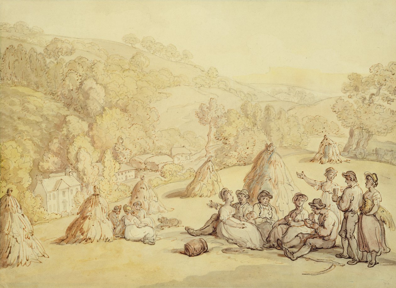 Maissipellolla lepäävät harvesterit, n. 1805-1010 (kynä ja muste pesulla paperilla) tekijältä Thomas Rowlandson