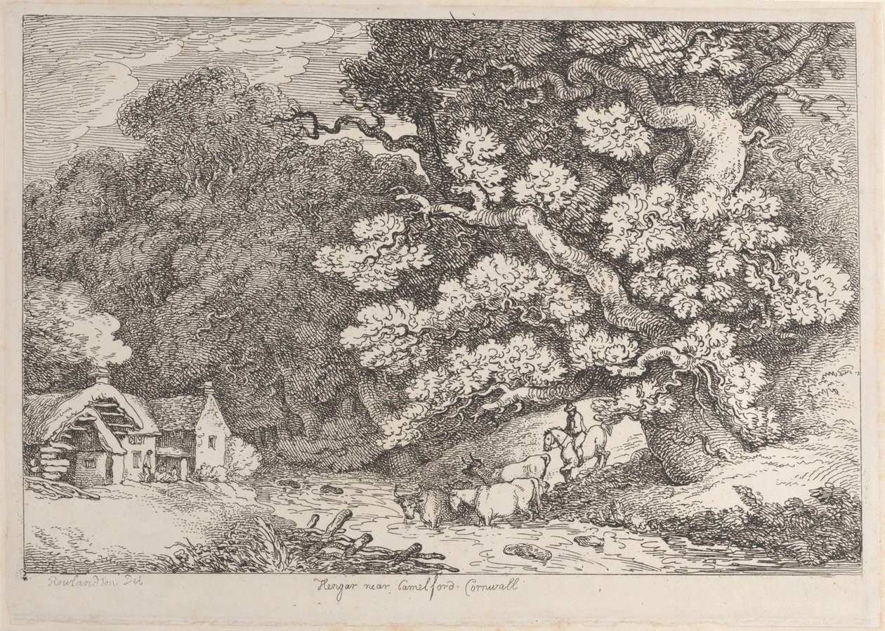 Hengar lähellä Camelfordia, Cornwall, Views in Cornwall, ca. 1812, n. 1812. tekijältä Thomas Rowlandson