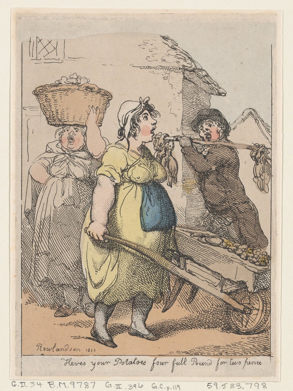 Tässä on perunasi, neljä täyttä puntaa kahdella pennillä, 1811, 1811. tekijältä Thomas Rowlandson