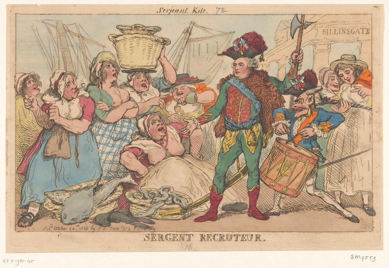 Orléansin herttua kalanaisten joukossa, 1789 Sergent Recruiter (nimi esineessä) tekijältä Thomas Rowlandson