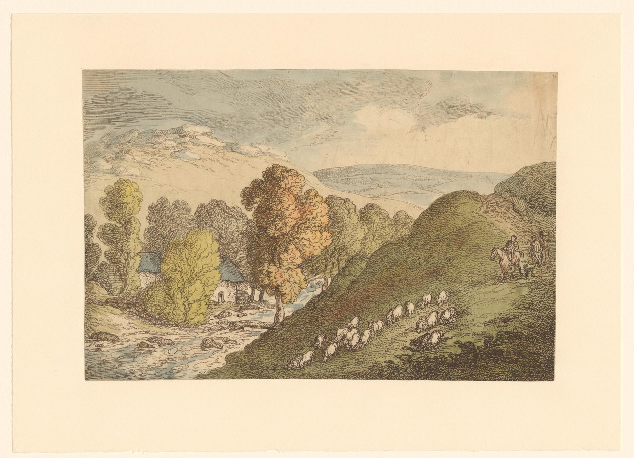 Mäkinen maisema, jossa on lampaita tekijältä Thomas Rowlandson