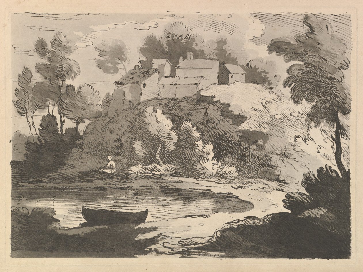 Mäkinen jokimaisema, vene vedessä etualalla vasemmalla, hahmo kaukaisella rannalla..., 1783-84. tekijältä Thomas Rowlandson