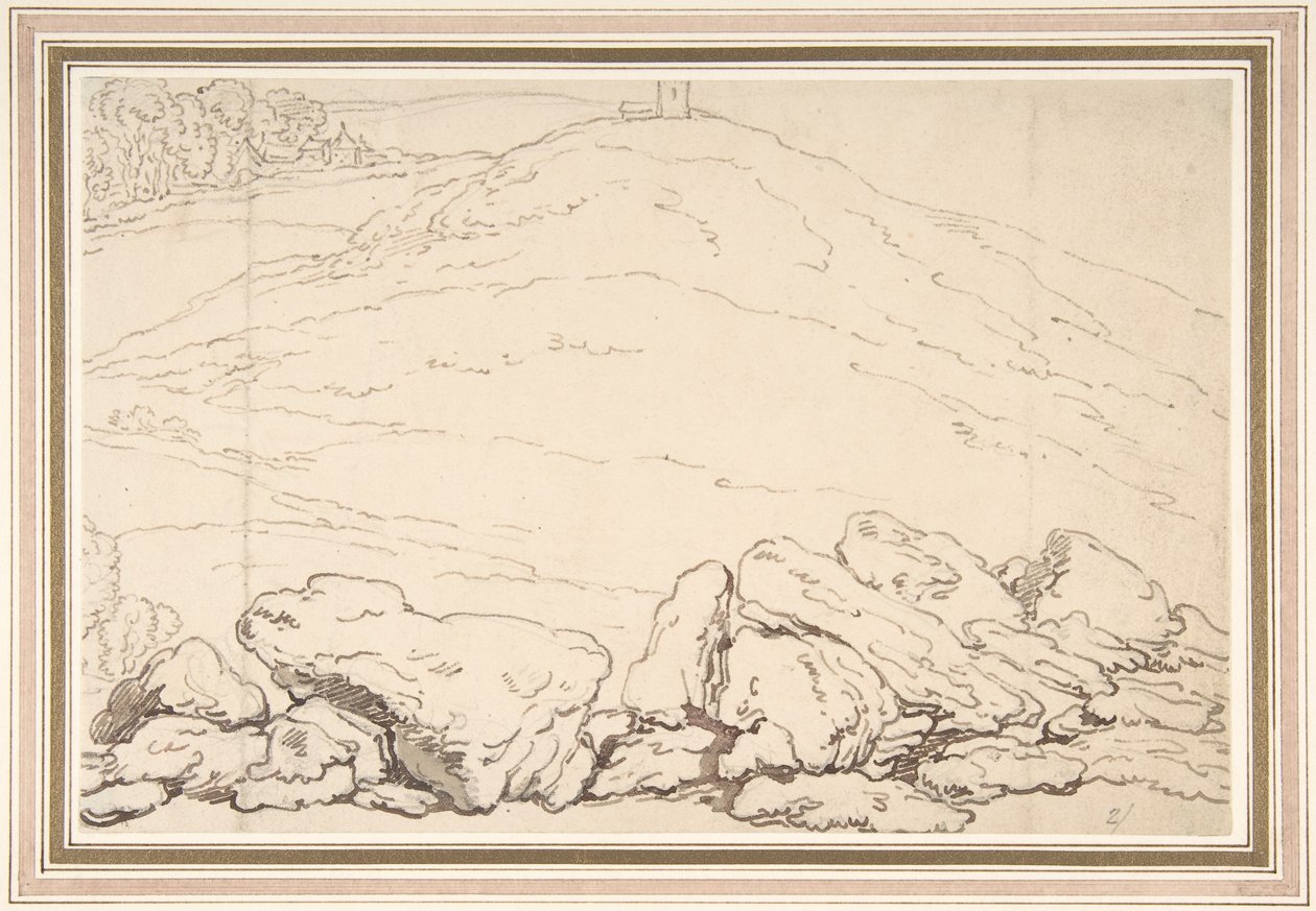 Mäkinen maisema, jossa on kiviä tekijältä Thomas Rowlandson