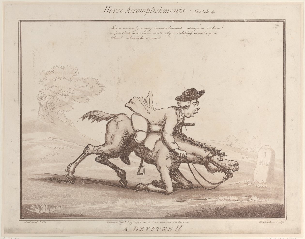 Horse Accomplishments, Sketch 4: A Devotee!!, 1. elokuuta 1799, 1. elokuuta 1799. tekijältä Thomas Rowlandson