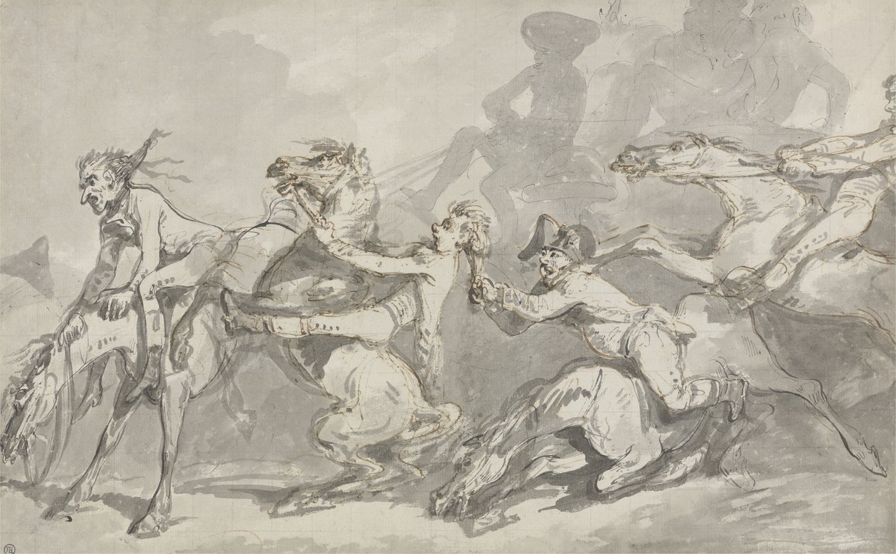 Horsemen Colliding, n. 1785-1790 (kynä ja muste ruskealla pesulla paperilla) tekijältä Thomas Rowlandson