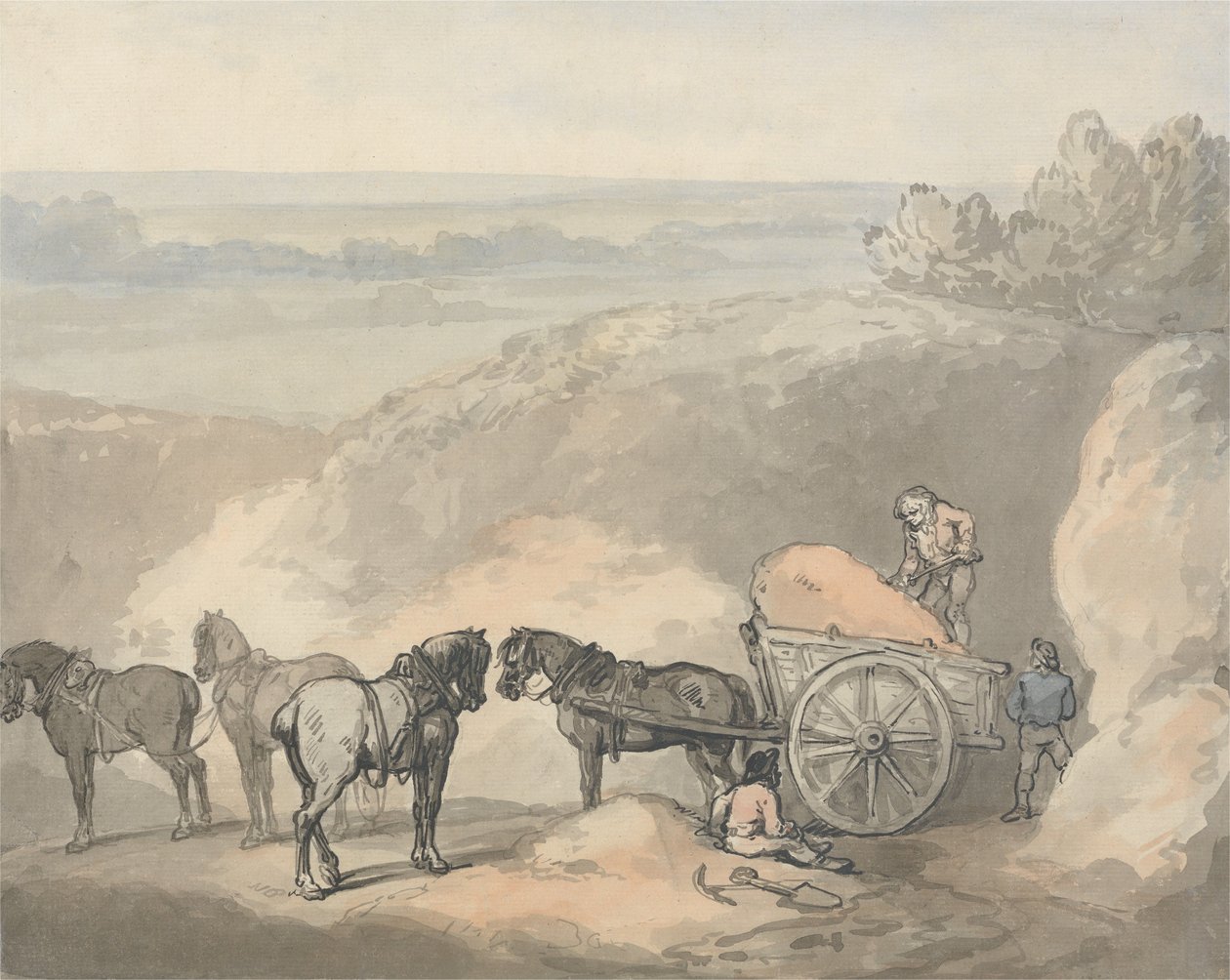 Hevoset ja kärryt hiekkakuopalla tekijältä Thomas Rowlandson