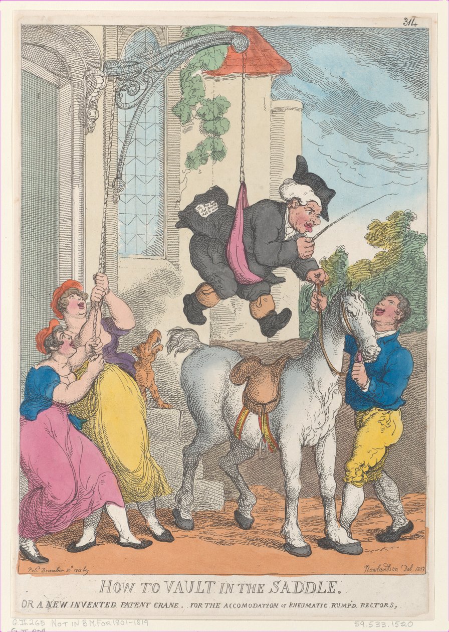 Kuinka holvata satulaan tai uuden keksinnön patenttinosturi majoituspaikkaan..., 30. joulukuuta 1813. tekijältä Thomas Rowlandson