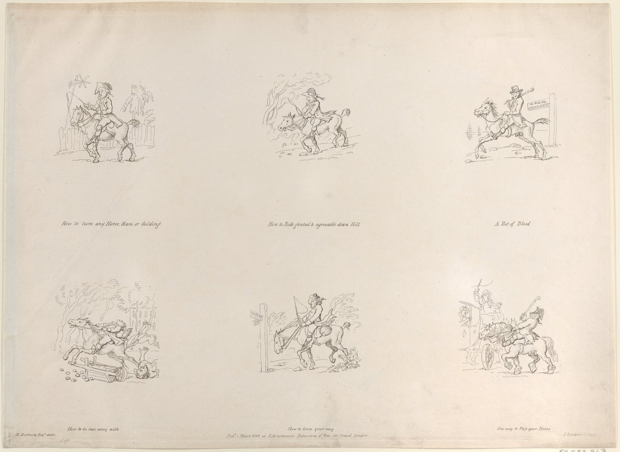 Kuinka kääntää hevonen, tamma tai ruuna, Kuinka ratsastaa hienosti ja miellyttävästi alas mäkeä..., 1. maaliskuuta 1803. tekijältä Thomas Rowlandson