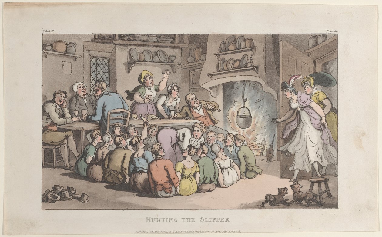 Hunting the Slipper, teoksesta The Vicar of Wakefield, 1. toukokuuta 1817, 1. toukokuuta 1817. tekijältä Thomas Rowlandson