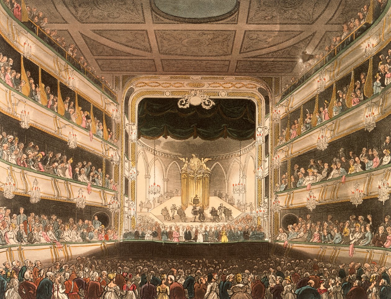 Covent Garden -teatterin sisustus, Lontoo, 1808 tekijältä Thomas Rowlandson