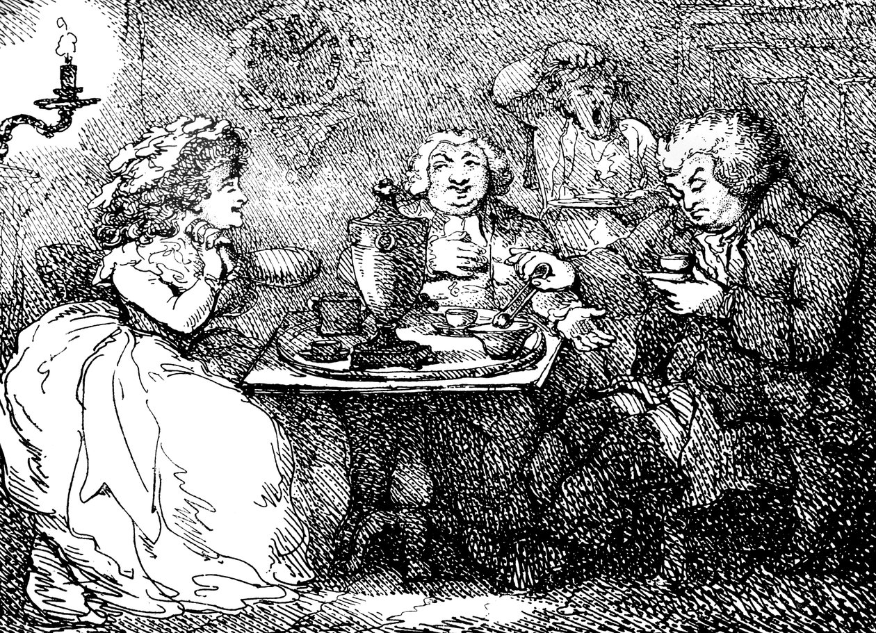James Boswell, hänen vaimonsa ja tohtori Johnson teellä Edinburghissa, 1773, 1786 tekijältä Thomas Rowlandson