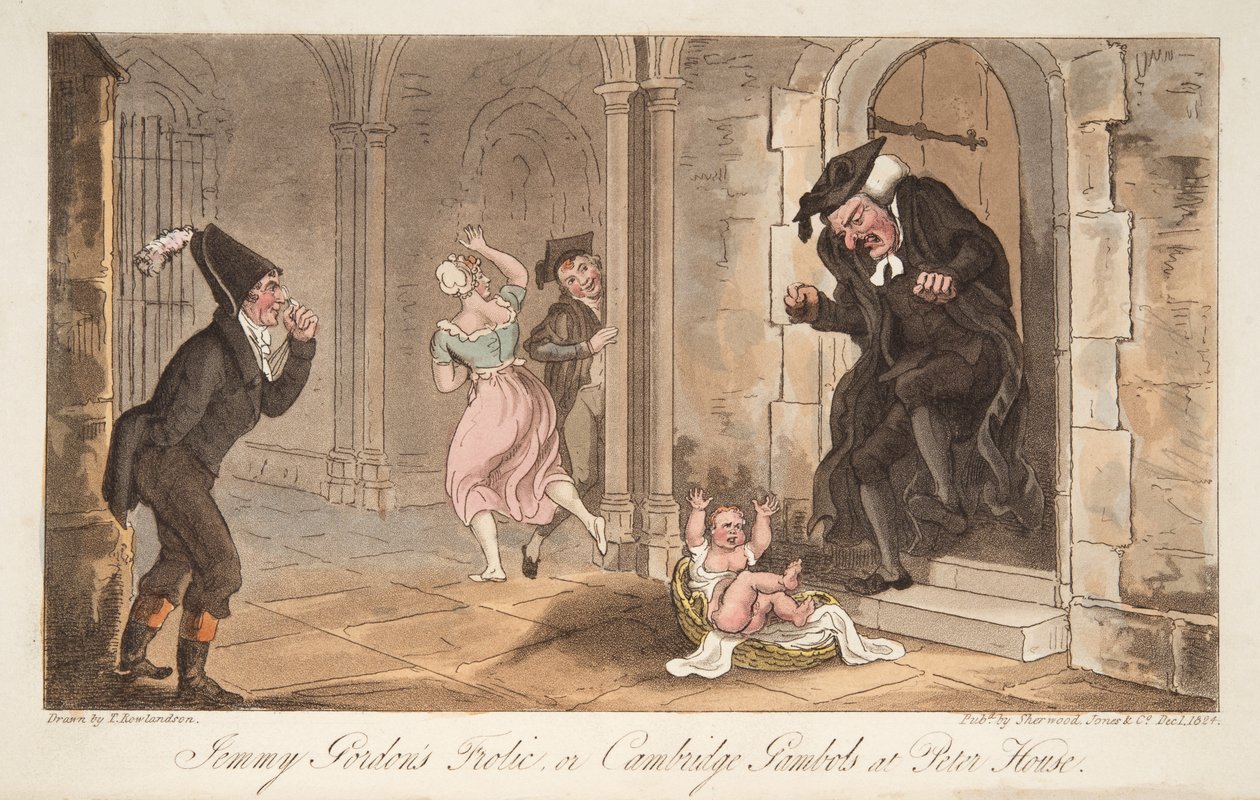 Jemmy Gordons Frolic tai Cambridge Gambols at Peter House, The English Spy -pubista. 1824 (käsinvärinen kaiverrus) tekijältä Thomas Rowlandson