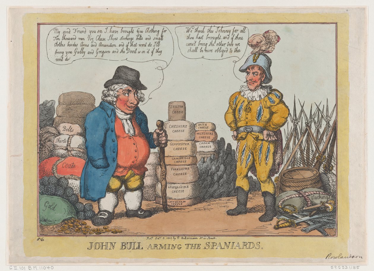 John Bull Arming The Spaniards, 3. lokakuuta 1808, 3. lokakuuta 1808. tekijältä Thomas Rowlandson