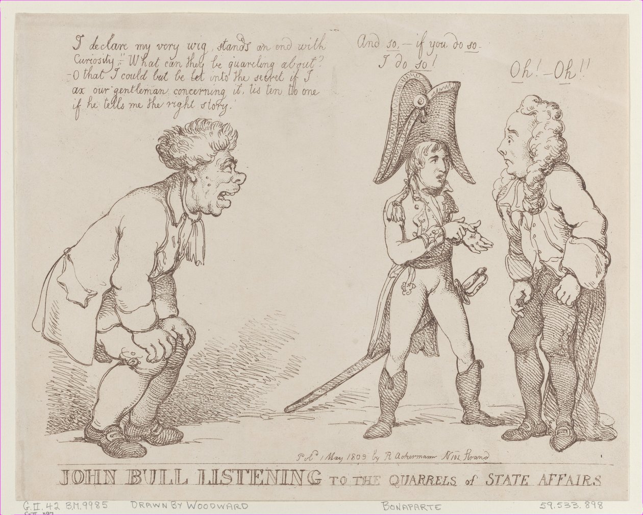 John Bull kuuntelee valtion asioiden riitoja, 1. toukokuuta 1803, 1. toukokuuta 1803. tekijältä Thomas Rowlandson