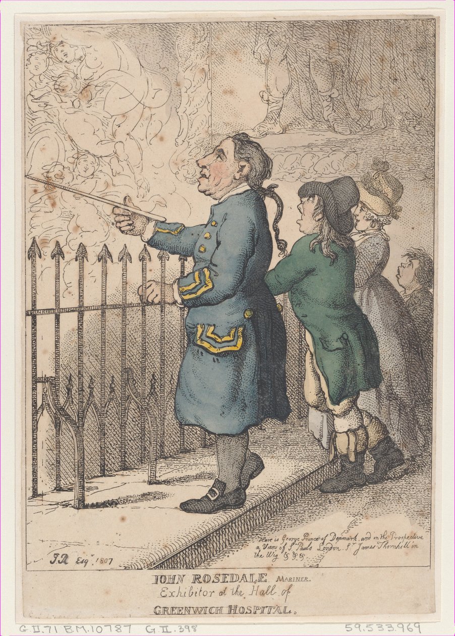 John Rosedale Mariner, näytteilleasettaja Hall of Greenwich Hospitalissa, 26. huhtikuuta 1807, 26. huhtikuuta 1807. tekijältä Thomas Rowlandson