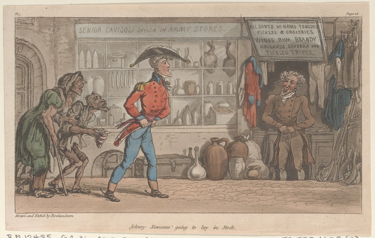 Johnny Newcome makaa Stockissa julkaisusta The Military Adventures of Johnny Newcome, 1815, 1815. tekijältä Thomas Rowlandson