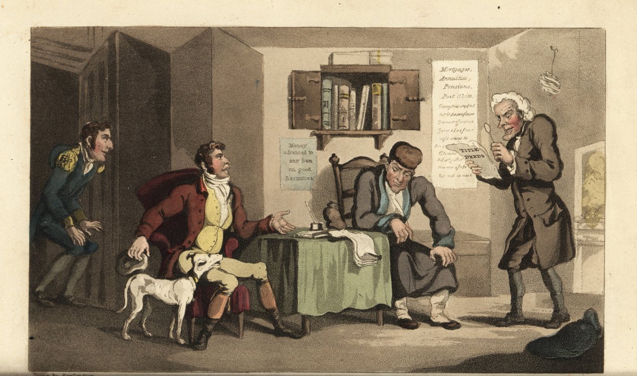Johnny Jacob Levin, rahanlainaajan palveluksessa. Thomas Rowlandsonin käsinvärinen kuparikaiverrus William Comben teoksesta The History of Johnny Quae Genus, myöhäisen tohtorisyntaksin pieni perustaja. tekijältä Thomas Rowlandson