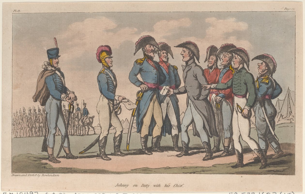 Johnny päivystää päällikkönsä kanssa elokuvasta The Military Adventures of Johnny Newcome, 1815, 1815. tekijältä Thomas Rowlandson