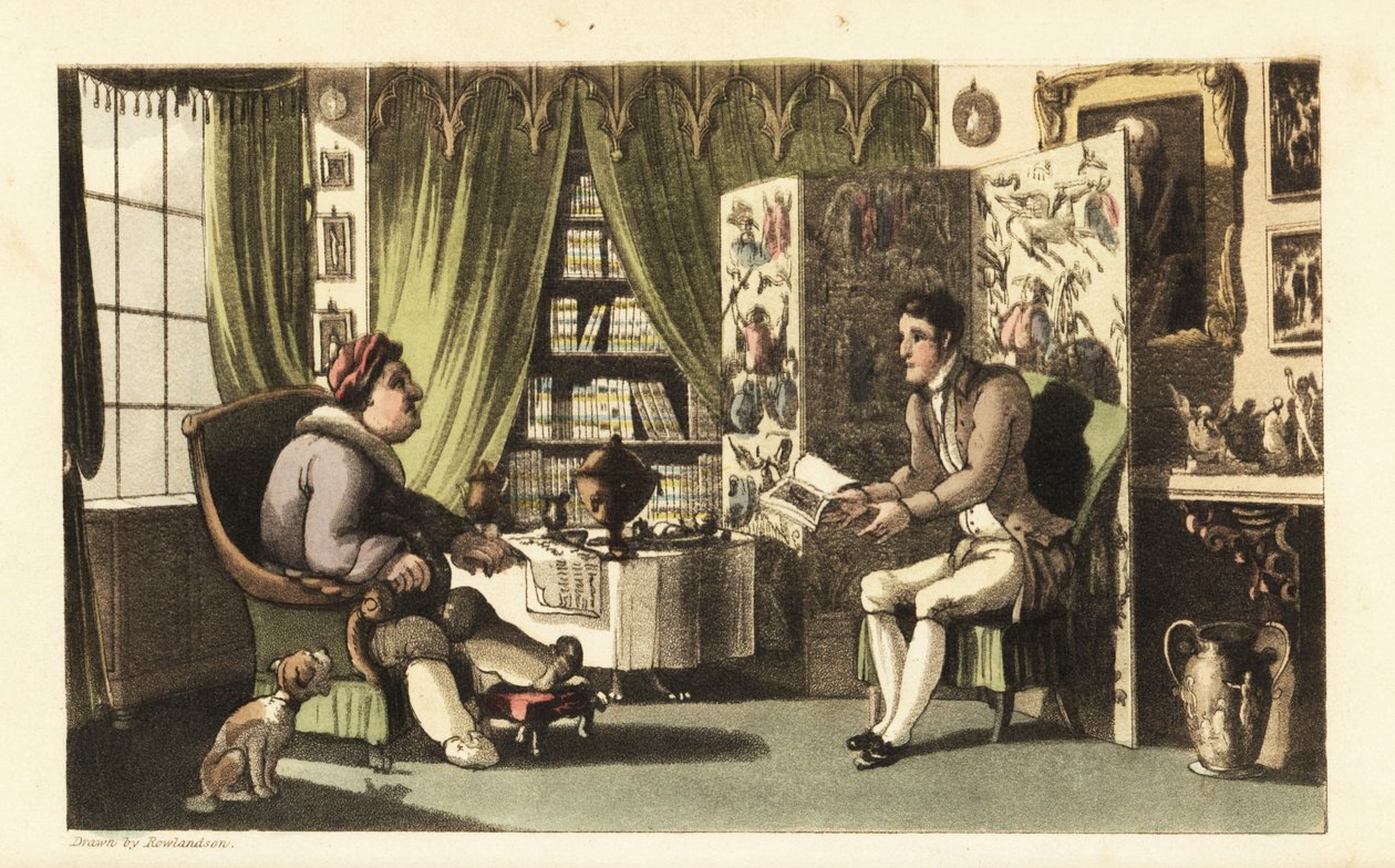 Johnny lukee Sir Jeffery Gourmanille työhuoneessaan. Thomas Rowlandsonin käsinvärinen kuparikaiverrus William Comben teoksesta The History of Johnny Quae Genus, myöhäisen tohtorisyntaksin pieni perustaja. tekijältä Thomas Rowlandson