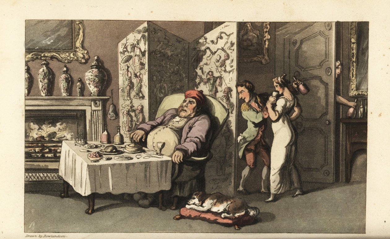 Johnny hiipii piika Mollylle lasillisen viiniä salissa, kun Sir Jeffery Gourmand nukkuu ruokapöydässä. Toinen palvelija melkein sai kiinni ovella. Thomas Rowlandsonin käsinvärinen kuparikaiverrus William Comben teoksesta The History of John tekijältä Thomas Rowlandson