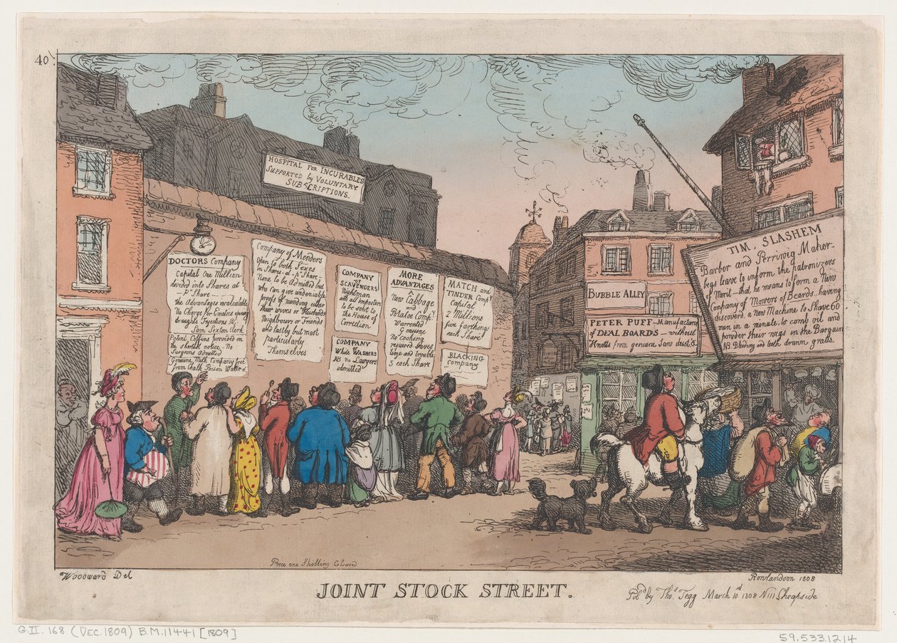 Joint Stock Street, 10. maaliskuuta 1808, 10. maaliskuuta 1808. tekijältä Thomas Rowlandson