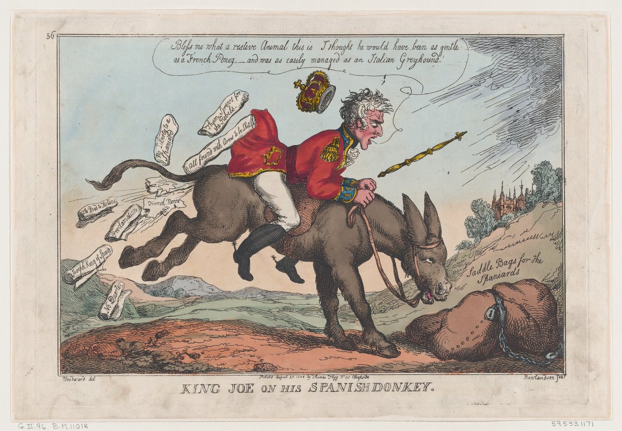 Kuningas Joe espanjalaisella aasilla, 27. elokuuta 1808, 27. elokuuta 1808. tekijältä Thomas Rowlandson