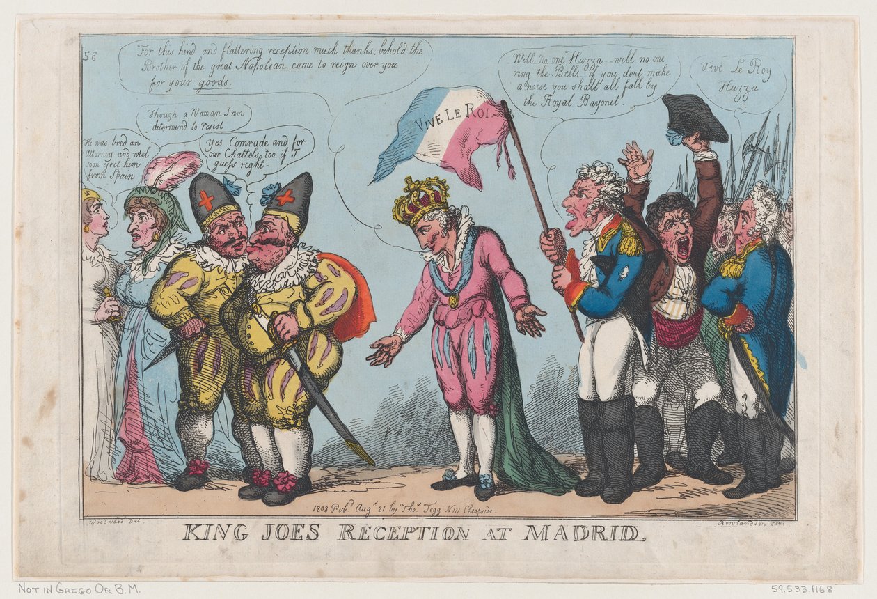 Kuningas Joen vastaanotto Madridissa, 21. elokuuta 1808, 21. elokuuta 1808. tekijältä Thomas Rowlandson