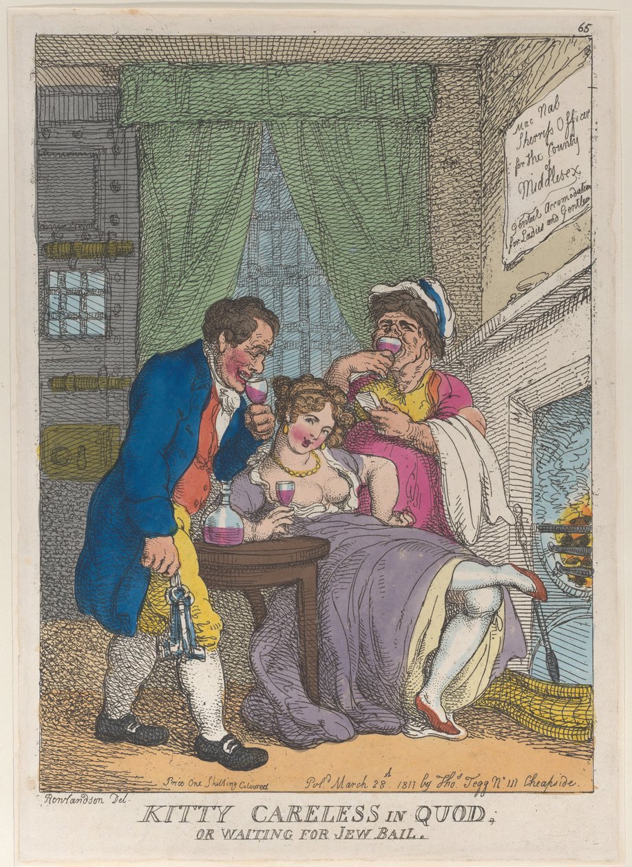 Kitty Careless Quodissa tai juutalaisten takuita odottaessa, 28. maaliskuuta 1811, 28. maaliskuuta 1811. tekijältä Thomas Rowlandson