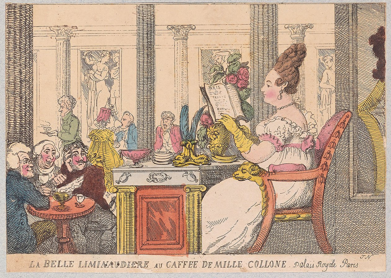 La Belle Liminaudiere Café de Mille Colonnessa, Palais Royalissa, Pariisissa, pubissa. 1814 (käsinvärinen kaiverrus) tekijältä Thomas Rowlandson