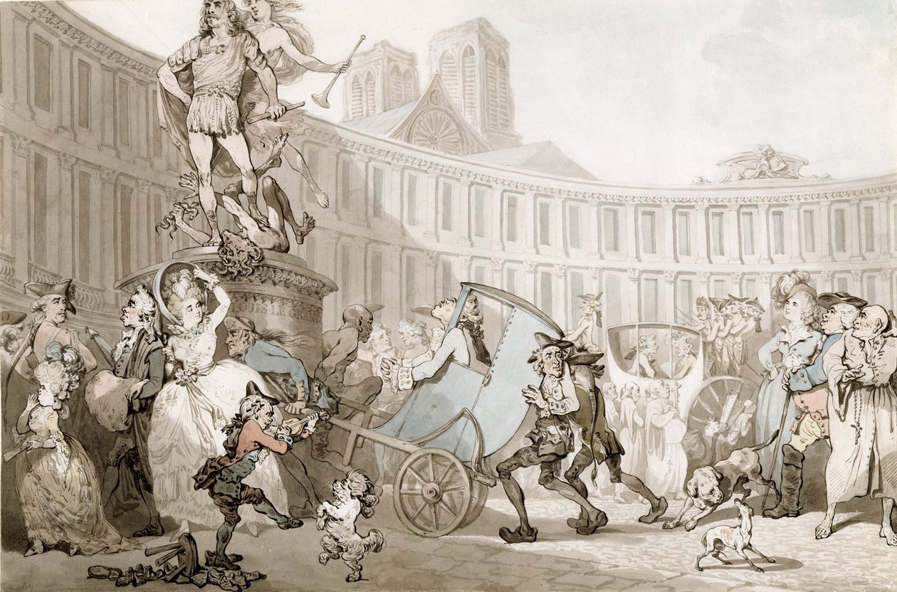 La Place des Victoires, Pariisi, n. 1789 (kynä ja muste ja akvarelli grafiitin päällä taitetulla paperilla) tekijältä Thomas Rowlandson