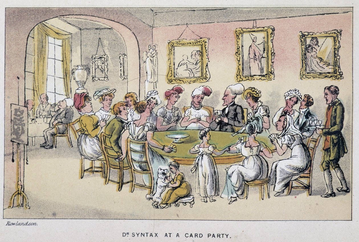 La docteur à une partie de cartes - "" Doctor Syntaxin kolmella kiertueella: viehättävää lohtua ja vaimoa etsimässä" William Combe, ill. Rowlandson tekijältä Thomas Rowlandson