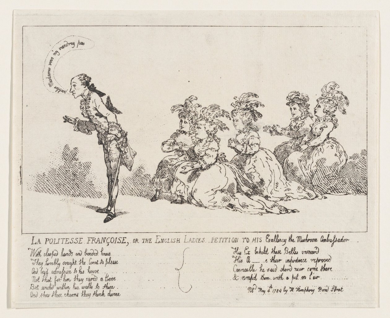 La politesse Françoise eli Englantilaisten naisten vetoomus Hänen korkeudelleen Mushrolle..., 4. toukokuuta 1789. tekijältä Thomas Rowlandson
