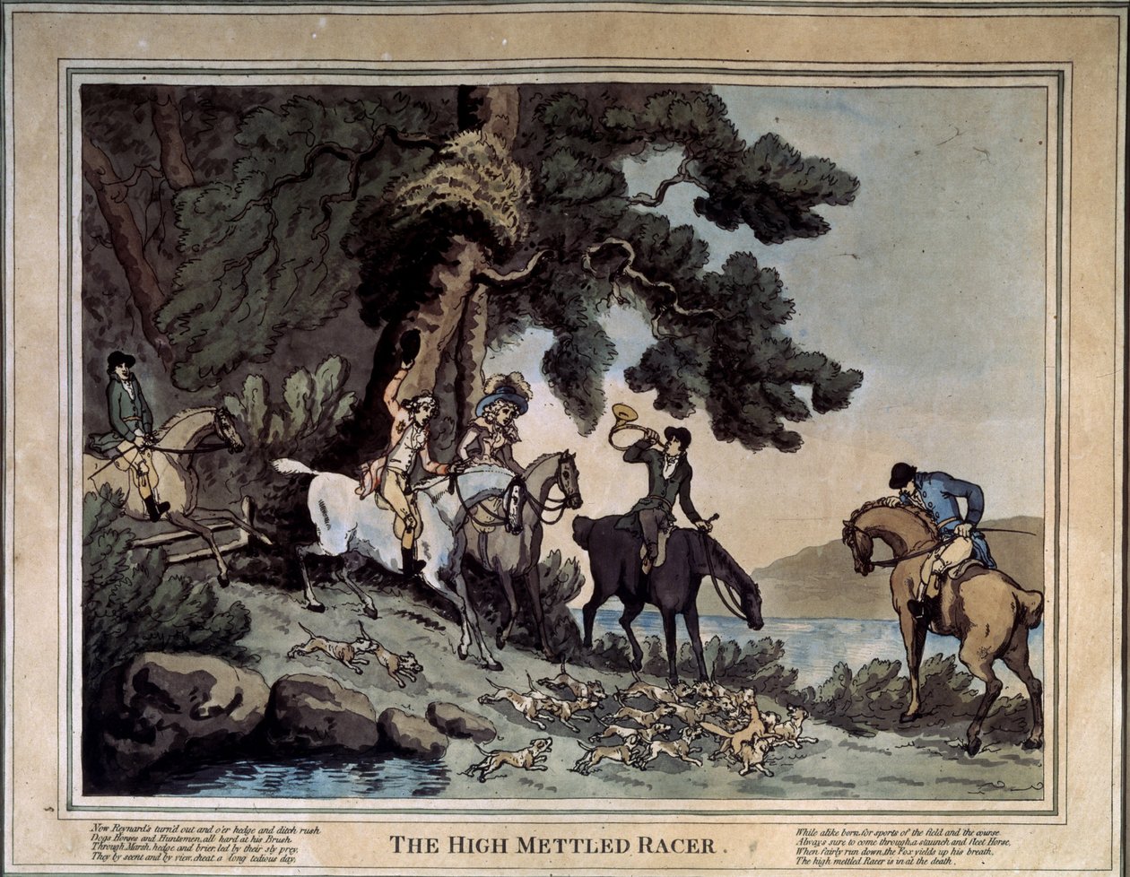 Korkean kuriirien kokous (The High Mettled Racer). Piirustus Thomas Rowlandson (1756-1827). Etsaus ja akvarelli tekijältä Thomas Rowlandson