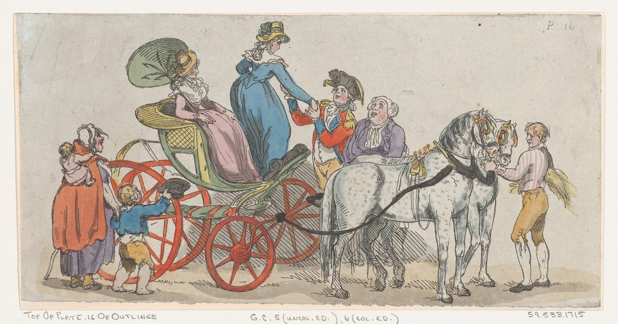 Naiset nousemassa vaunuista levyltä 16, Figuurien ääriviivat, Maisemat a..., 1. kesäkuuta 1790. tekijältä Thomas Rowlandson