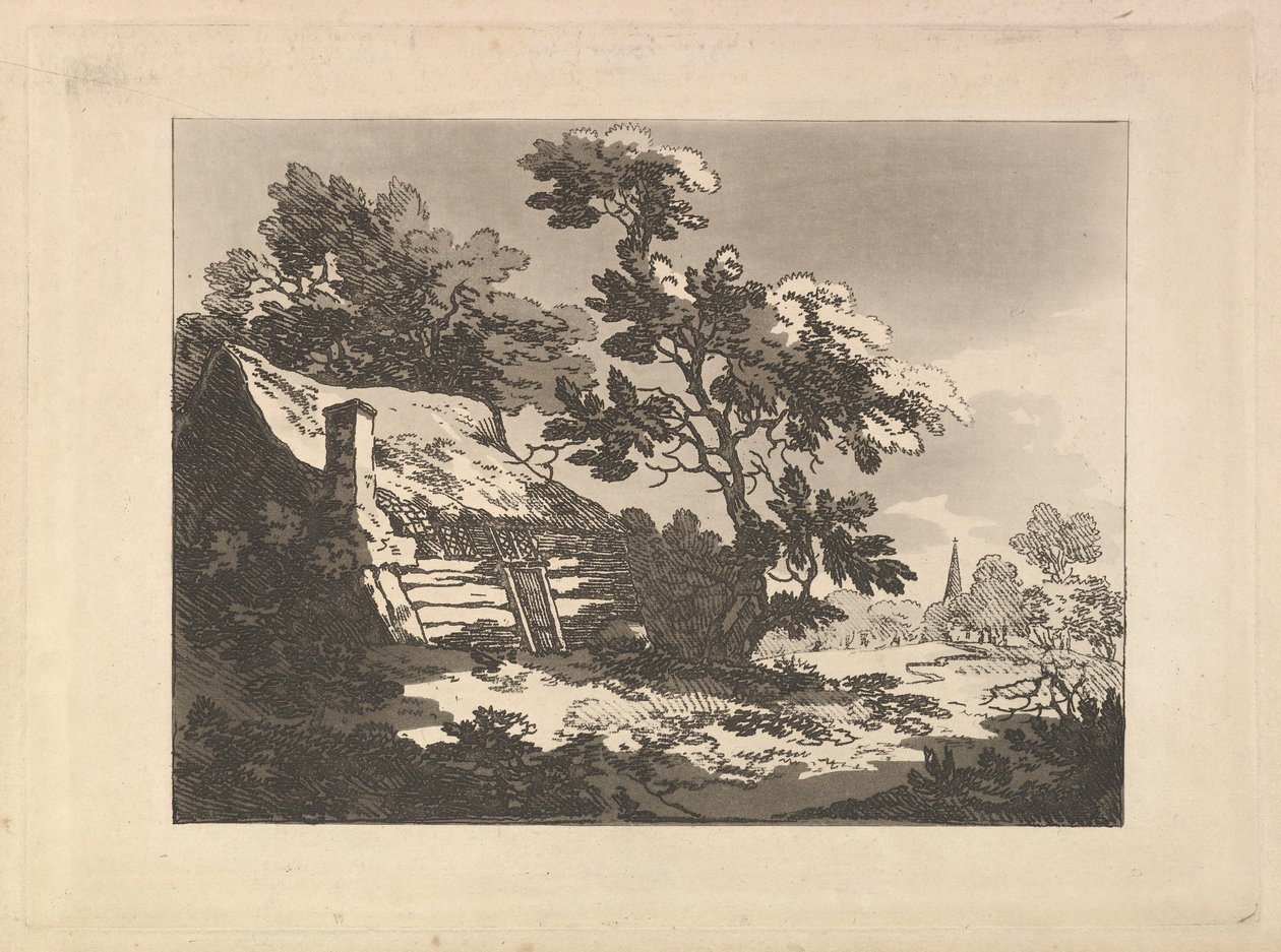 Maisema, jossa vasemmalla on puiden keskellä sijaitseva mökki ja oikealla kaukana näkyvä kirkon torni tekijältä Thomas Rowlandson