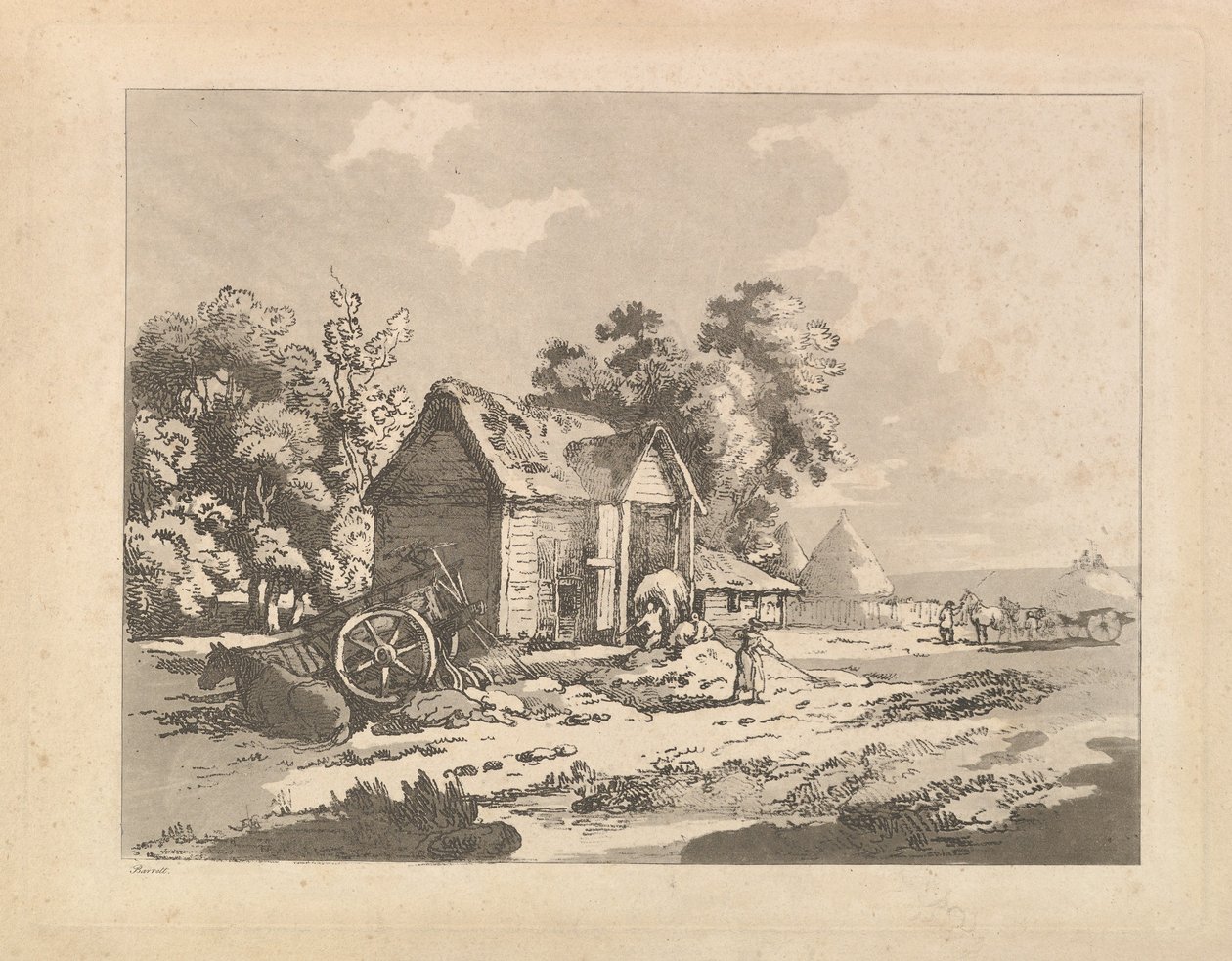 Maisema hahmoilla, jotka säilyttävät heinää navetassa, kärryt ja hevonen makaamassa vasemmalla, 1783-84. tekijältä Thomas Rowlandson