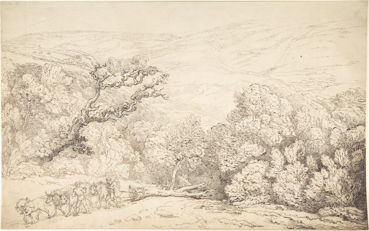 Maisema, jossa on härkiä ja kaadettu puu tekijältä Thomas Rowlandson