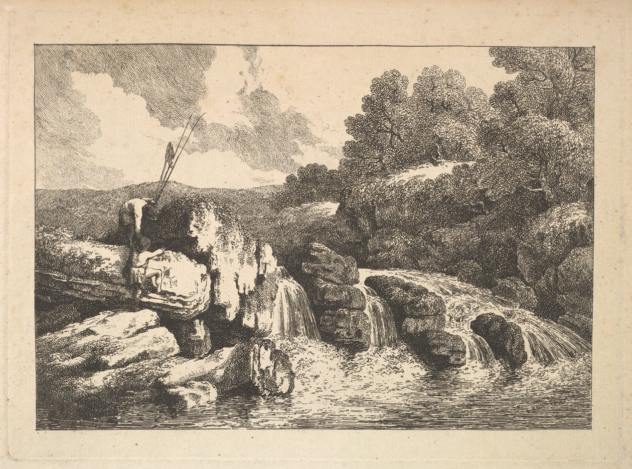 Maisema, jossa kaksi kalastajaa kiipeilevät kallioilla vesiputouksen vieressä, 1784-88. tekijältä Thomas Rowlandson